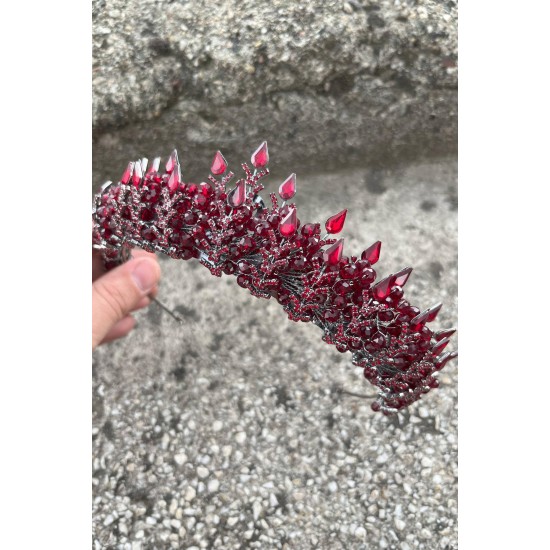 Belicia Bordo Gelin Kına Tacı Özel Gün Aksesuar Kadın Taç Saç Aksesuarı-BELICIA-3 Belicia Bordo Gelin Kına Tacı Özel Gün Aksesuar Kadın Taç Saç Aksesuarı-BELICIA-3