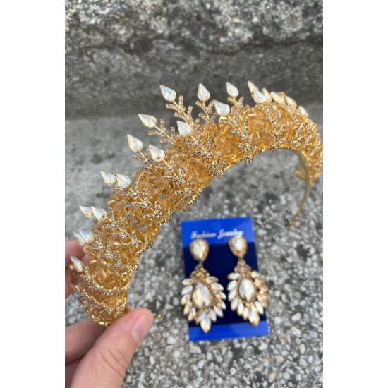 Belicia Gold Gelin Kına Tacı Özel Gün Aksesuar Kadın Taç Ve Geniş Mekik Küpe Takımı-BELICIA-30 Belicia Gold Gelin Kına Tacı Özel Gün Aksesuar Kadın Taç Ve Geniş Mekik Küpe Takımı-BELICIA-30