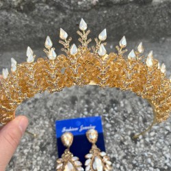 Belicia Gold Gelin Kına Tacı Özel Gün Aksesuar Kadın Taç Ve Geniş Mekik Küpe Takımı-BELICIA-30 Belicia Gold Gelin Kına Tacı Özel Gün Aksesuar Kadın Taç Ve Geniş Mekik Küpe Takımı-BELICIA-30