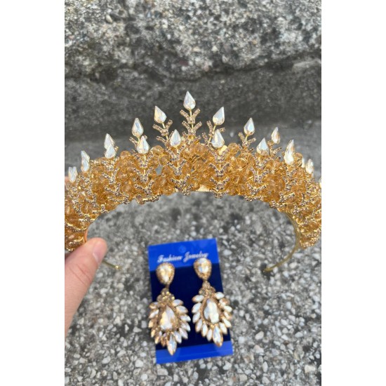 Belicia Gold Gelin Kına Tacı Özel Gün Aksesuar Kadın Taç Ve Geniş Mekik Küpe Takımı-BELICIA-30 Belicia Gold Gelin Kına Tacı Özel Gün Aksesuar Kadın Taç Ve Geniş Mekik Küpe Takımı-BELICIA-30