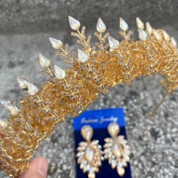 Belicia Gold Gelin Kına Tacı Özel Gün Aksesuar Kadın Taç Ve İnce Mekik Küpe Takımı-BELICIA-31 Belicia Gold Gelin Kına Tacı Özel Gün Aksesuar Kadın Taç Ve İnce Mekik Küpe Takımı-BELICIA-31