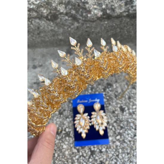 Belicia Gold Gelin Kına Tacı Özel Gün Aksesuar Kadın Taç Ve İnce Mekik Küpe Takımı-BELICIA-31