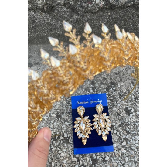 Belicia Gold Gelin Kına Tacı Özel Gün Aksesuar Kadın Taç Ve İnce Mekik Küpe Takımı-BELICIA-31