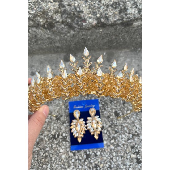 Belicia Gold Gelin Kına Tacı Özel Gün Aksesuar Kadın Taç Ve İnce Mekik Küpe Takımı-BELICIA-31
