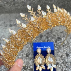 Belicia Gold Gelin Kına Tacı Özel Gün Aksesuar Kadın Taç Ve Üç Mekik Küpe Takımı-BELICIA-32 Belicia Gold Gelin Kına Tacı Özel Gün Aksesuar Kadın Taç Ve Üç Mekik Küpe Takımı-BELICIA-32