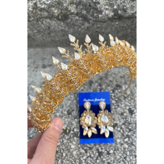 Belicia Gold Gelin Kına Tacı Özel Gün Aksesuar Kadın Taç Ve Üç Mekik Küpe Takımı-BELICIA-32 Belicia Gold Gelin Kına Tacı Özel Gün Aksesuar Kadın Taç Ve Üç Mekik Küpe Takımı-BELICIA-32
