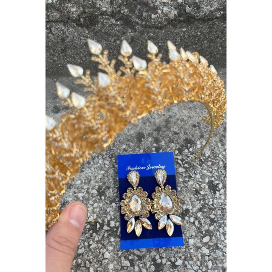 Belicia Gold Gelin Kına Tacı Özel Gün Aksesuar Kadın Taç Ve Üç Mekik Küpe Takımı-BELICIA-32 Belicia Gold Gelin Kına Tacı Özel Gün Aksesuar Kadın Taç Ve Üç Mekik Küpe Takımı-BELICIA-32