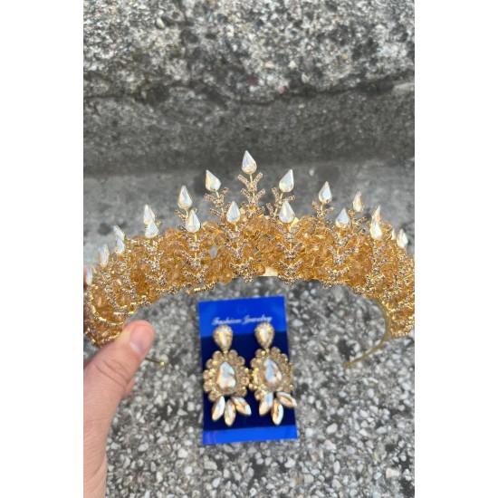 Belicia Gold Gelin Kına Tacı Özel Gün Aksesuar Kadın Taç Ve Üç Mekik Küpe Takımı-BELICIA-32 Belicia Gold Gelin Kına Tacı Özel Gün Aksesuar Kadın Taç Ve Üç Mekik Küpe Takımı-BELICIA-32