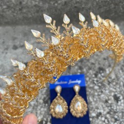 Belicia Gold Gelin Kına Tacı Özel Gün Aksesuar Kadın Taç Ve Damla Mekik Küpe Takımı-BELICIA-33 Belicia Gold Gelin Kına Tacı Özel Gün Aksesuar Kadın Taç Ve Damla Mekik Küpe Takımı-BELICIA-33