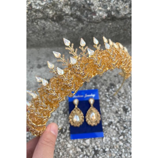 Belicia Gold Gelin Kına Tacı Özel Gün Aksesuar Kadın Taç Ve Damla Mekik Küpe Takımı-BELICIA-33 Belicia Gold Gelin Kına Tacı Özel Gün Aksesuar Kadın Taç Ve Damla Mekik Küpe Takımı-BELICIA-33