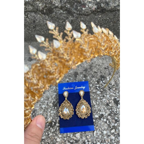 Belicia Gold Gelin Kına Tacı Özel Gün Aksesuar Kadın Taç Ve Damla Mekik Küpe Takımı-BELICIA-33 Belicia Gold Gelin Kına Tacı Özel Gün Aksesuar Kadın Taç Ve Damla Mekik Küpe Takımı-BELICIA-33