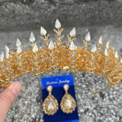 Belicia Gold Gelin Kına Tacı Özel Gün Aksesuar Kadın Taç Ve Damla Mekik Küpe Takımı-BELICIA-33 Belicia Gold Gelin Kına Tacı Özel Gün Aksesuar Kadın Taç Ve Damla Mekik Küpe Takımı-BELICIA-33