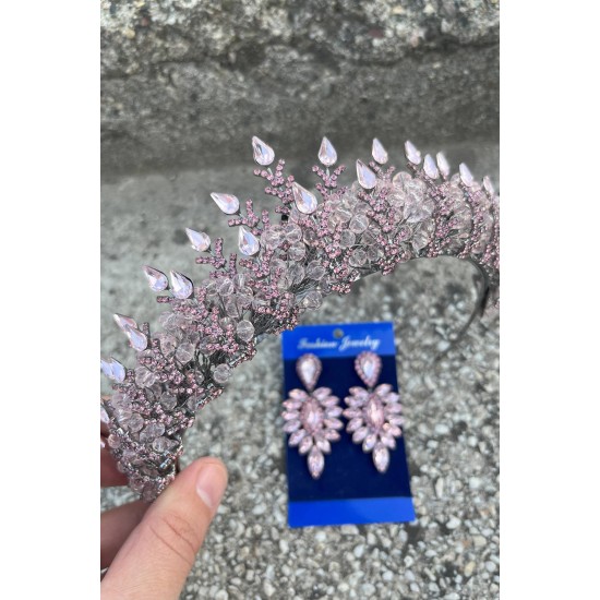 Belicia Pembe Gelin Kına Tacı Özel Gün Aksesuar Kadın Taç Ve İnce Mekik Küpe Takımı-BELICIA-34 Belicia Pembe Gelin Kına Tacı Özel Gün Aksesuar Kadın Taç Ve İnce Mekik Küpe Takımı-BELICIA-34