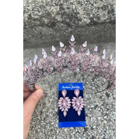 Belicia Pembe Gelin Kına Tacı Özel Gün Aksesuar Kadın Taç Ve İnce Mekik Küpe Takımı-BELICIA-34 Belicia Pembe Gelin Kına Tacı Özel Gün Aksesuar Kadın Taç Ve İnce Mekik Küpe Takımı-BELICIA-34