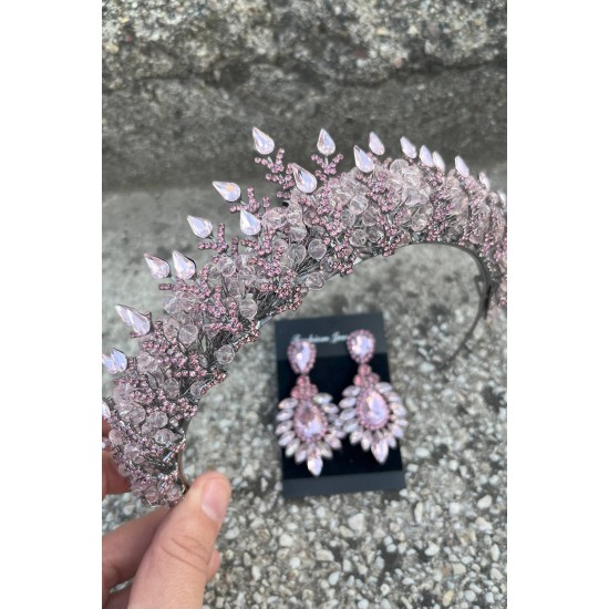 Belicia Pembe Gelin Kına Tacı Özel Gün Aksesuar Kadın Taç Ve Geniş Mekik Küpe Takımı-BELICIA-35 Belicia Pembe Gelin Kına Tacı Özel Gün Aksesuar Kadın Taç Ve Geniş Mekik Küpe Takımı-BELICIA-35