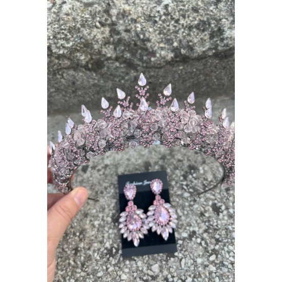 Belicia Pembe Gelin Kına Tacı Özel Gün Aksesuar Kadın Taç Ve Geniş Mekik Küpe Takımı-BELICIA-35 Belicia Pembe Gelin Kına Tacı Özel Gün Aksesuar Kadın Taç Ve Geniş Mekik Küpe Takımı-BELICIA-35