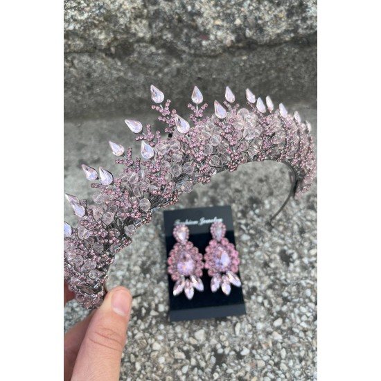 Belicia Pembe Gelin Kına Tacı Özel Gün Aksesuar Kadın Taç Ve Üç Mekik Küpe Takımı-BELICIA-36 Belicia Pembe Gelin Kına Tacı Özel Gün Aksesuar Kadın Taç Ve Üç Mekik Küpe Takımı-BELICIA-36