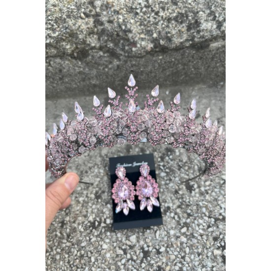 Belicia Pembe Gelin Kına Tacı Özel Gün Aksesuar Kadın Taç Ve Üç Mekik Küpe Takımı-BELICIA-36 Belicia Pembe Gelin Kına Tacı Özel Gün Aksesuar Kadın Taç Ve Üç Mekik Küpe Takımı-BELICIA-36