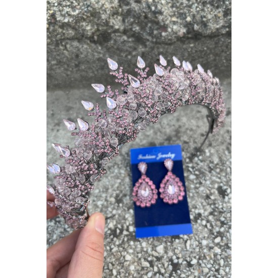 Belicia Pembe Gelin Kına Tacı Özel Gün Aksesuar Kadın Taç Ve Damla Mekik Küpe Takımı-BELICIA-37