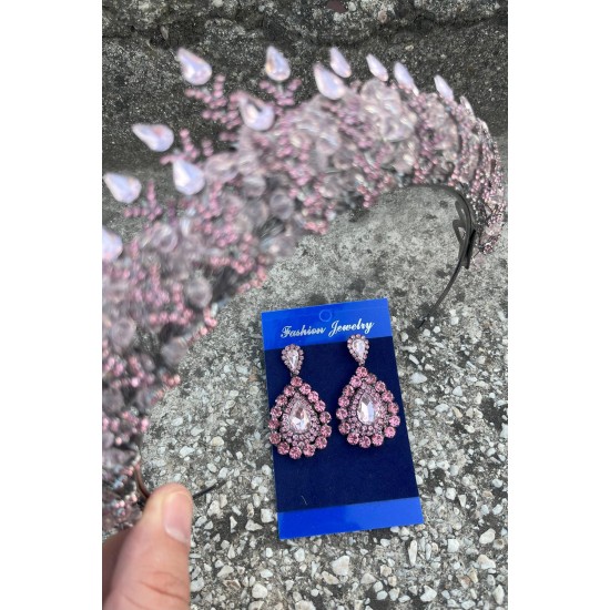 Belicia Pembe Gelin Kına Tacı Özel Gün Aksesuar Kadın Taç Ve Damla Mekik Küpe Takımı-BELICIA-37