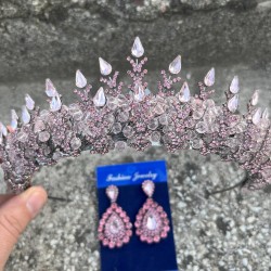Belicia Pembe Gelin Kına Tacı Özel Gün Aksesuar Kadın Taç Ve Damla Mekik Küpe Takımı-BELICIA-37 Belicia Pembe Gelin Kına Tacı Özel Gün Aksesuar Kadın Taç Ve Damla Mekik Küpe Takımı-BELICIA-37
