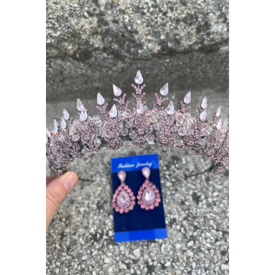 Belicia Pembe Gelin Kına Tacı Özel Gün Aksesuar Kadın Taç Ve Damla Mekik Küpe Takımı-BELICIA-37