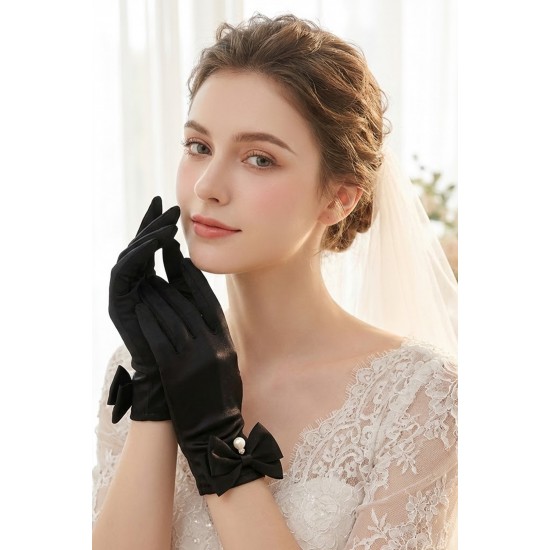 Belvienne Pearl Siyah Satin Eldiven &ndash; Fiyonk Detaylı İncili L&uuml;ks Gelin ve Davet Aksesuarı-BELVIENNE-1