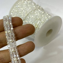 İnci İşlemeli Piramit Kristal Boncuklu Şerit-BIS-100