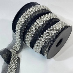 İnci Ve Kum Boncuk İşlemeli Siyah Zeminli Şerit-BIS-104