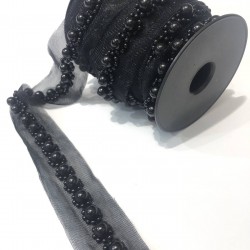 Siyah İnci Ve Kum Boncuklu İşlemeli Şerit-BIS-109