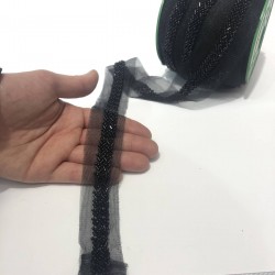 Siyah Kesme Ve Kum Boncuklu İşlemeli Şerit-BIS-110