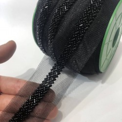 Siyah Kesme Ve Kum Boncuklu İşlemeli Şerit-BIS-110