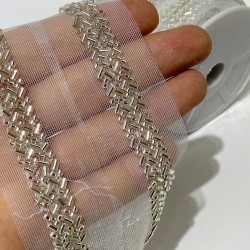 Gümüş Kesme Boncuk İşlemeli Şerit Bordür-BIS-111