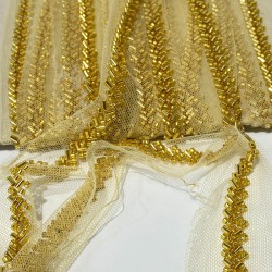 Gold Kesme Ve Kum Boncuk İşlemeli Şerit Bordür-BIS-112