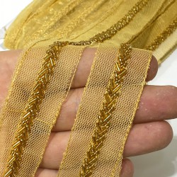 Altın Rengi Kesme Ve Kum Boncuk İşlemeli Şerit Bordür-BIS-116