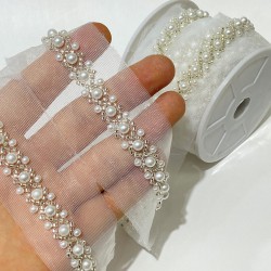 Gümüş İncili Kum Boncuk İşlemeli Şerit-BIS-117