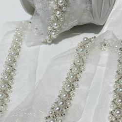 Gümüş İncili Kum Boncuk İşlemeli Şerit-BIS-117