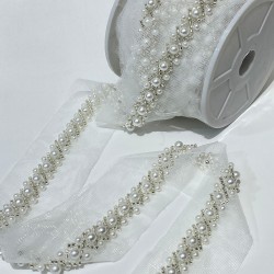 Gümüş İncili Kum Boncuk İşlemeli Şerit-BIS-117