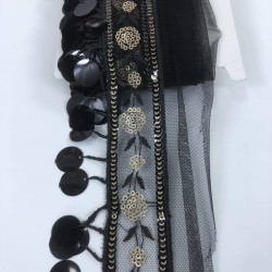 Siyah Pullu Çiçek Detaylı İşlemeli Şerit-BIS-121
