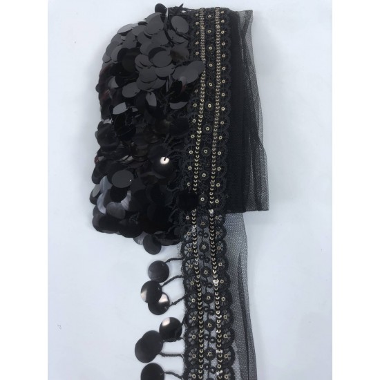 Küçük Çiçek Detaylı Siyah Pullu İşlemeli Şerit-BIS-122