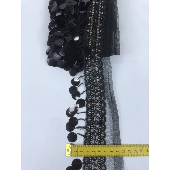 Küçük Çiçek Detaylı Siyah Pullu İşlemeli Şerit-BIS-122