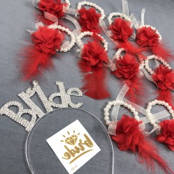 Kırmızı Lazer Çiçekli Bileklik Ve Bride Taç Seti-BRIDE-5