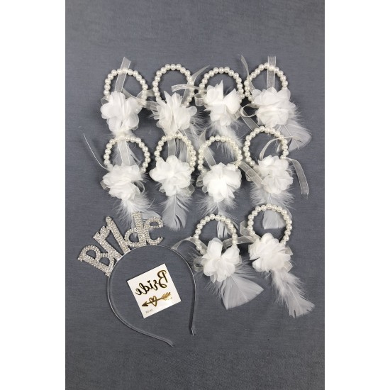 Beyaz Lazer Çiçekli Bileklik Ve Bride Taç Seti-BRIDE-9
