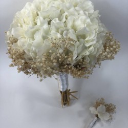 Beyaz Ortancalı Krem Cipsolu Gelin Çiçeği Ve Damat Yaka Çiçeği-BUKET-16