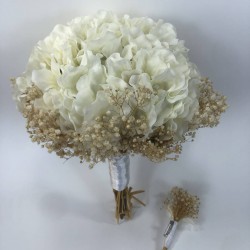 Beyaz Ortancalı Krem Cipsolu Gelin Çiçeği Ve Damat Yaka Çiçeği-BUKET-16