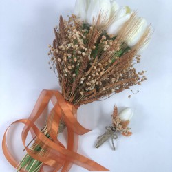 Turuncu Cipsolu Lale Ve Buğdaylı Gelin Buketi Damat Yaka Çiçeği-BUKET-18 Turuncu Cipsolu Lale Ve Buğdaylı Gelin Buketi Damat Yaka Çiçeği-BUKET-18