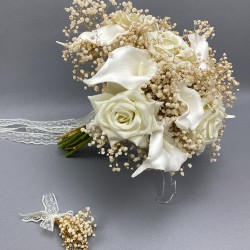 Beyaz Islak Gala Kadife Güllü Karışık Gelin El Buketi Ve Damat Yaka Çiçeği-BUKET-23