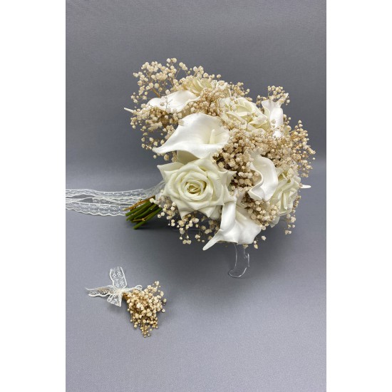 Beyaz Islak Gala Kadife Güllü Karışık Gelin El Buketi Ve Damat Yaka Çiçeği-BUKET-23
