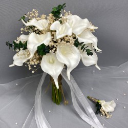 Beyaz Islak Gala Yeşil Okaliptuslu Gelin El Çiçeği-BUKET-25