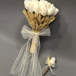 Beyaz Islak Lale Ve Başaklı Gelin El Buketi-BUKET-26